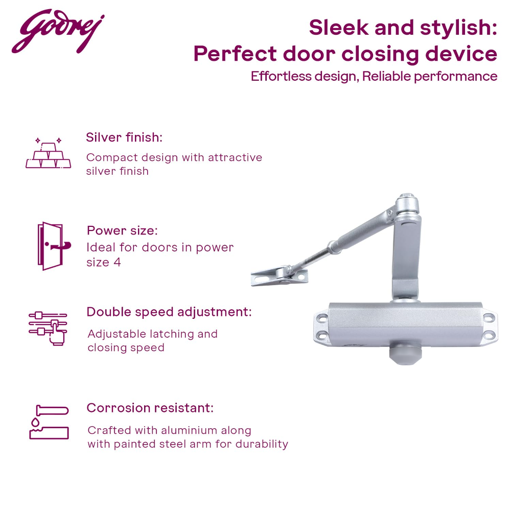 Godrej Door Closer | Cerus Universal Door Closer I Sleek Silver Finish | Max Door Weight: 85kg | Max Door Width: 1250mm | 180 degree Opening Angle | Adjustable Closing Speed